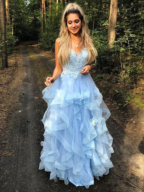 A-Line/Elegant Spaghetti Straps Sleeveless Applique Organza Floor-Length Prom Dresses - Image 2