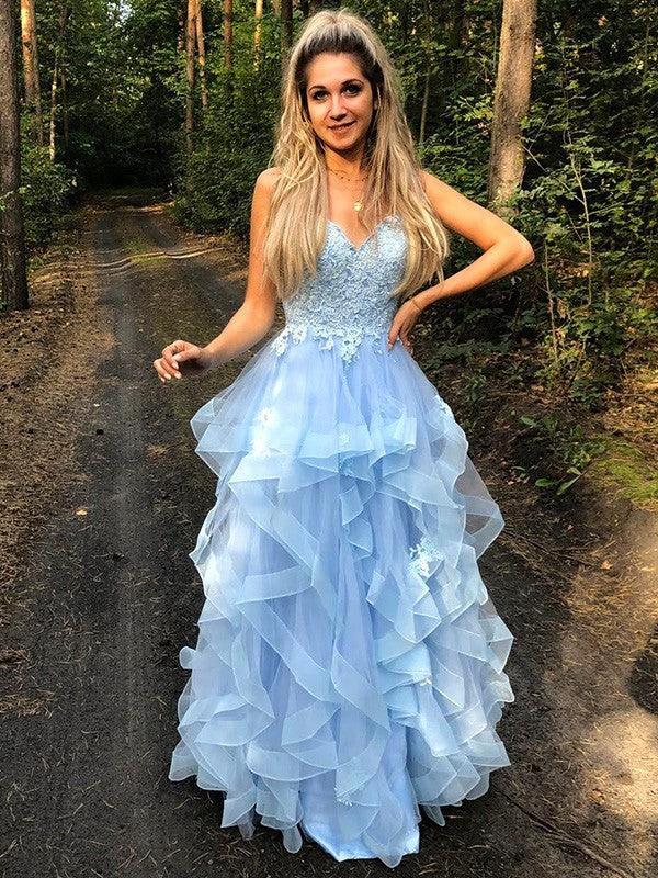 A-Line/Elegant Spaghetti Straps Sleeveless Applique Organza Floor-Length Prom Dresses - Image 4