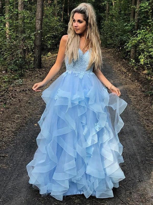A-Line/Elegant Spaghetti Straps Sleeveless Applique Organza Floor-Length Prom Dresses - Image 5