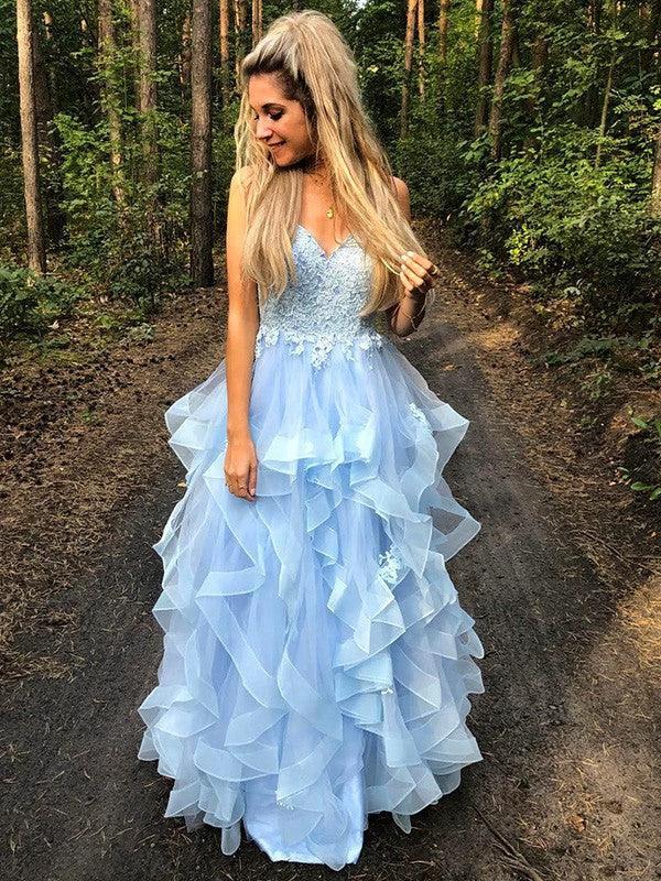 A-Line/Elegant Spaghetti Straps Sleeveless Applique Organza Floor-Length Prom Dresses - Image 6