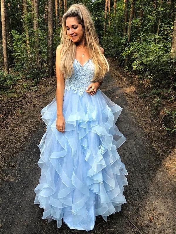 A-Line/Elegant Spaghetti Straps Sleeveless Applique Organza Floor-Length Prom Dresses - Image 7
