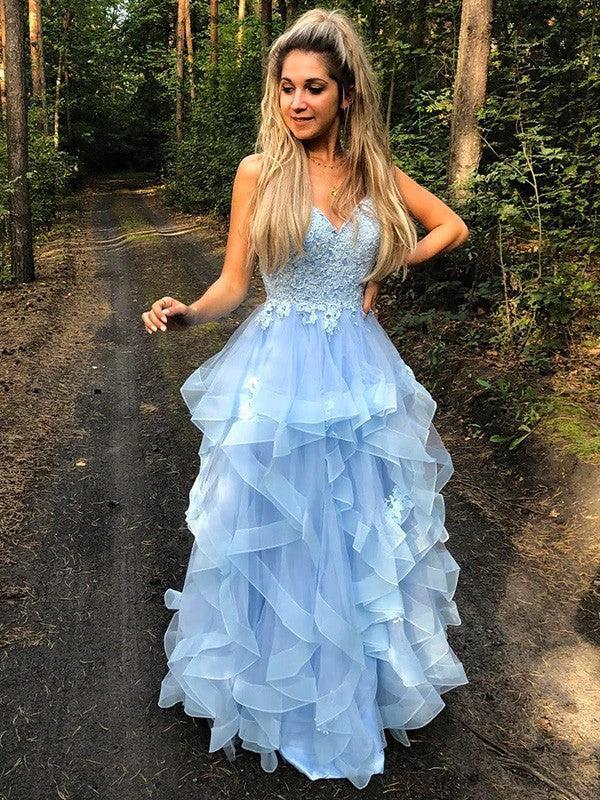 A-Line/Elegant Spaghetti Straps Sleeveless Applique Organza Floor-Length Prom Dresses - Image 8