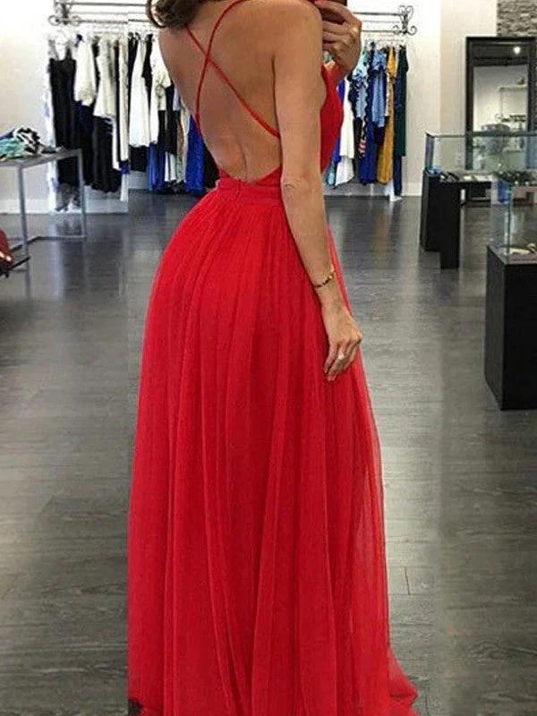A-Line/Elegant Spaghetti Straps Sleeveless Floor-Length Chiffon Prom Dresses - Image 3