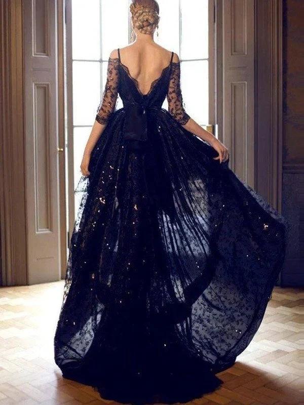 A-Line/Elegant Spaghetti Straps Sleeveless High Low Lace Prom Dresses - Image 2