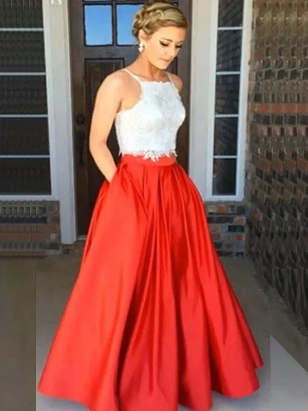 A-Line/Elegant Spaghetti Straps Sleeveless Satin Floor-Length Lace Two Piece Prom Dresses - Image 2