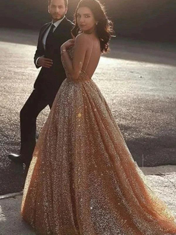 A-Line/Elegant Spaghetti Straps Tulle Sequin Sleeveless Prom Dresses - Image 2