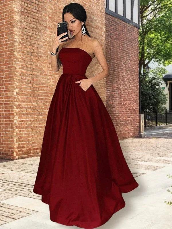 A-Line/Elegant Strapless Sleeveless Floor-Length Ruffles Satin Prom Dresses - Image 2