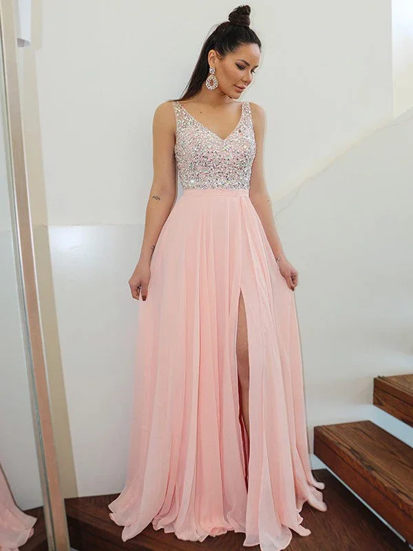 A-Line/Elegant Straps Beading Sleeveless Chiffon Floor-Length Prom Dresses - Image 2
