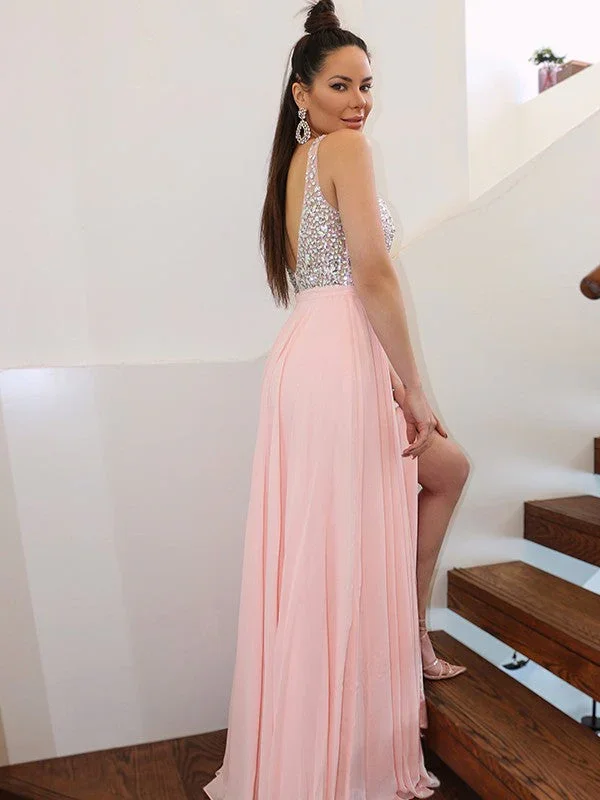 A-Line/Elegant Straps Beading Sleeveless Chiffon Floor-Length Prom Dresses - Image 3