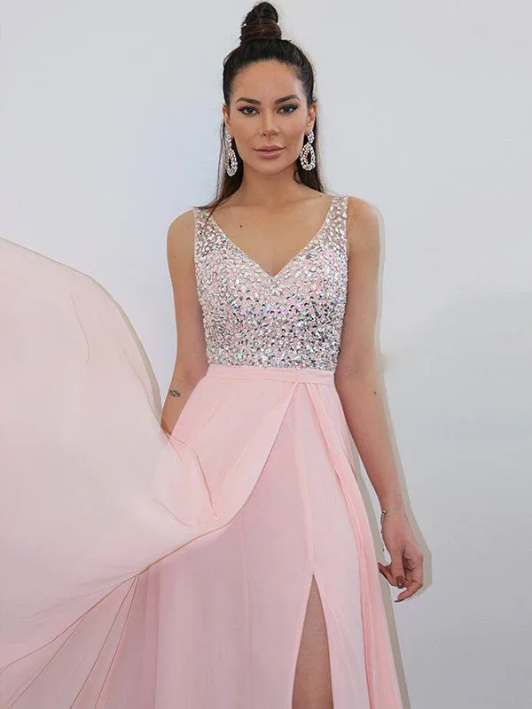 A-Line/Elegant Straps Beading Sleeveless Chiffon Floor-Length Prom Dresses - Image 4