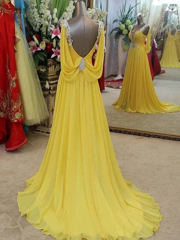 A-Line/Elegant Straps Sleeveless Beading Chiffon Prom Dresses - Image 2