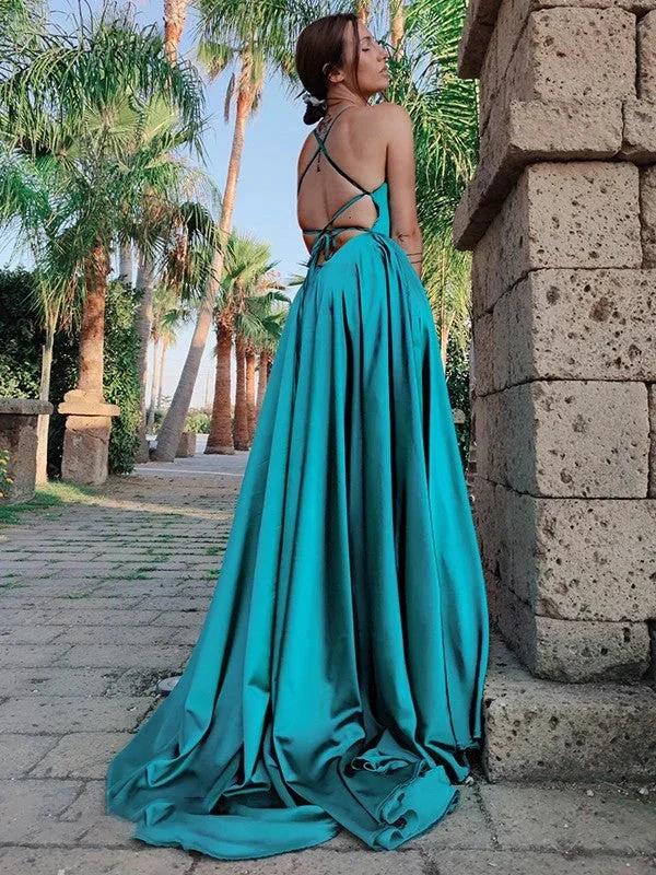 A-Line/Elegant Straps Sleeveless Ruffles Silk like Satin Prom Dresses - Image 5