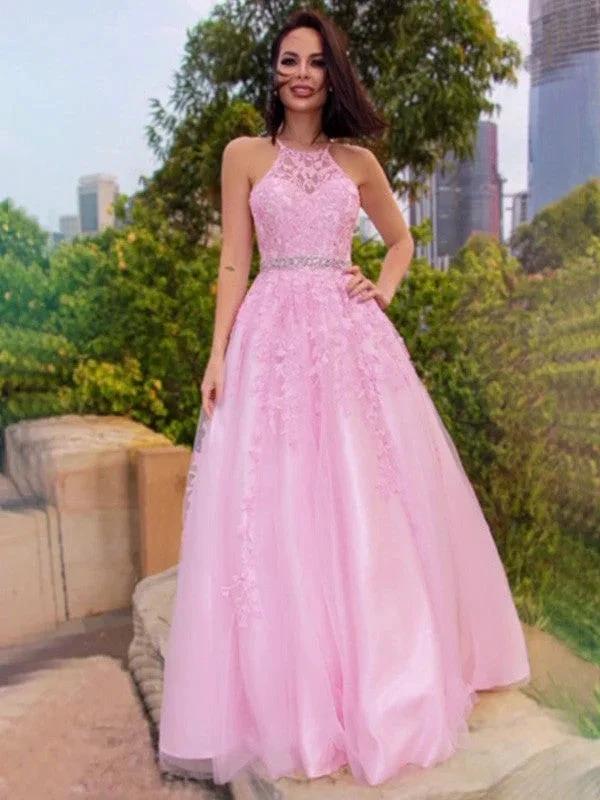 A-Line/Elegant Tulle Applique Halter Sleeveless Floor-Length Prom Dresses - Image 2