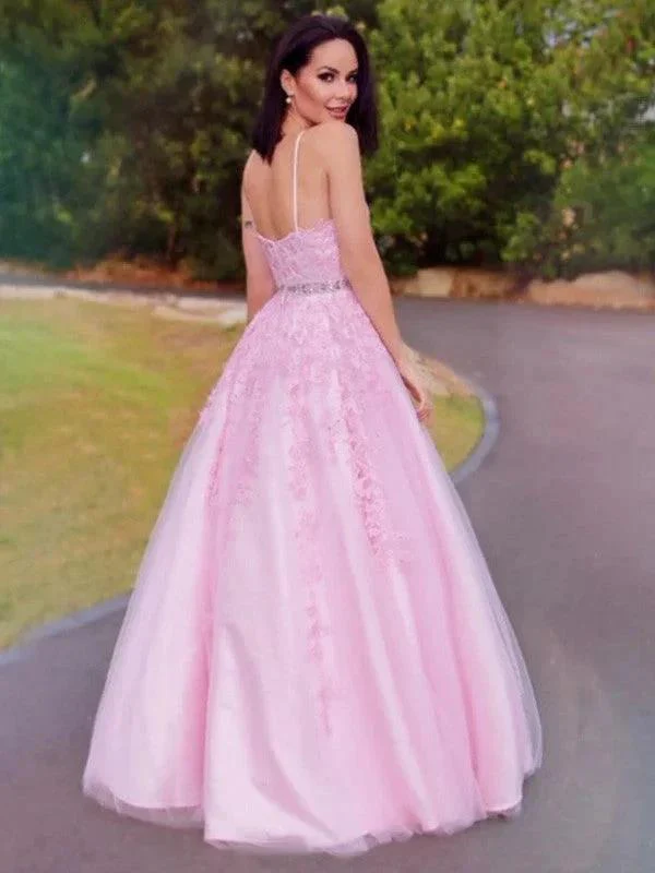 A-Line/Elegant Tulle Applique Halter Sleeveless Floor-Length Prom Dresses - Image 3