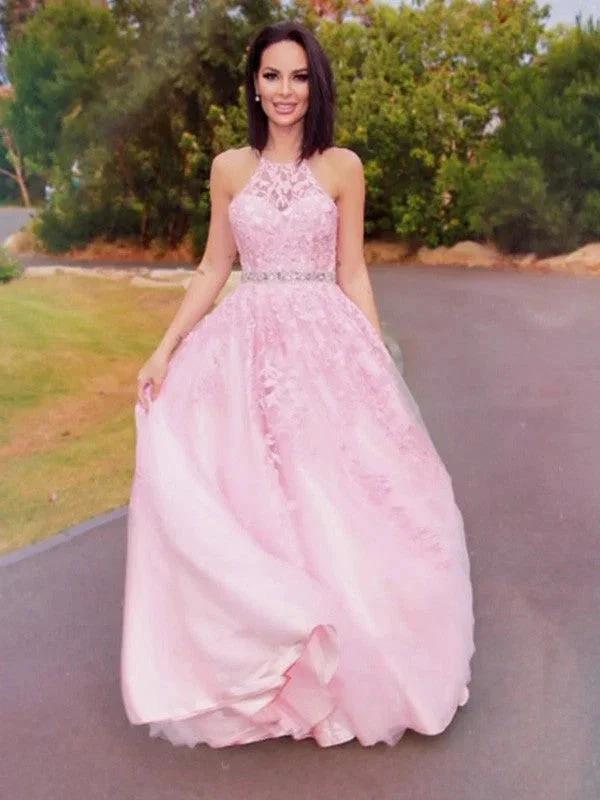 A-Line/Elegant Tulle Applique Halter Sleeveless Floor-Length Prom Dresses - Image 4
