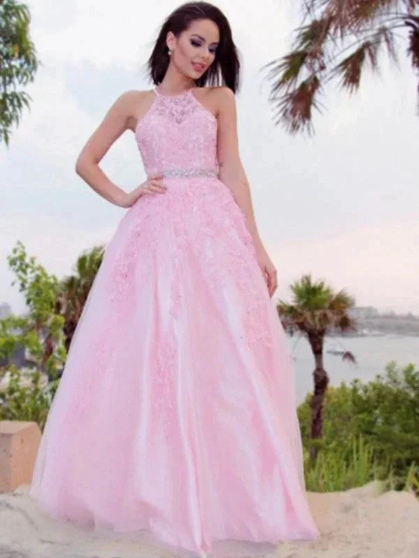 A-Line/Elegant Tulle Applique Halter Sleeveless Floor-Length Prom Dresses - Image 5