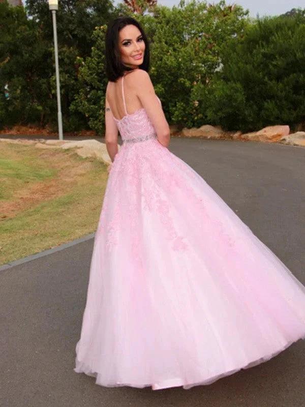 A-Line/Elegant Tulle Applique Halter Sleeveless Floor-Length Prom Dresses - Image 6