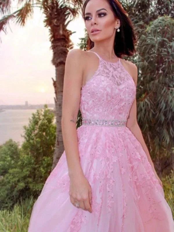 A-Line/Elegant Tulle Applique Halter Sleeveless Floor-Length Prom Dresses - Image 7