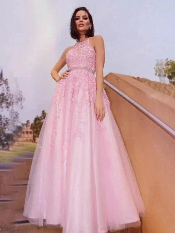 A-Line/Elegant Tulle Applique Halter Sleeveless Floor-Length Prom Dresses - Image 8