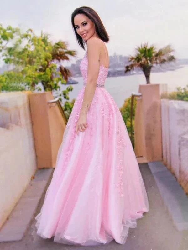 A-Line/Elegant Tulle Applique Halter Sleeveless Floor-Length Prom Dresses - Image 9