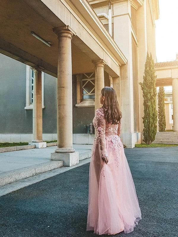 A-Line/Elegant Tulle Applique Long Sleeves V-neck Floor-Length Prom Dresses - Image 3