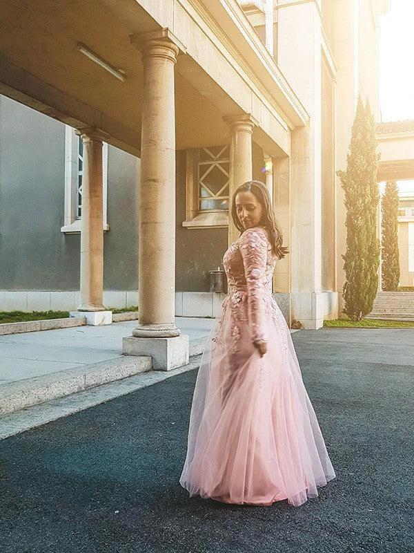 A-Line/Elegant Tulle Applique Long Sleeves V-neck Floor-Length Prom Dresses - Image 4