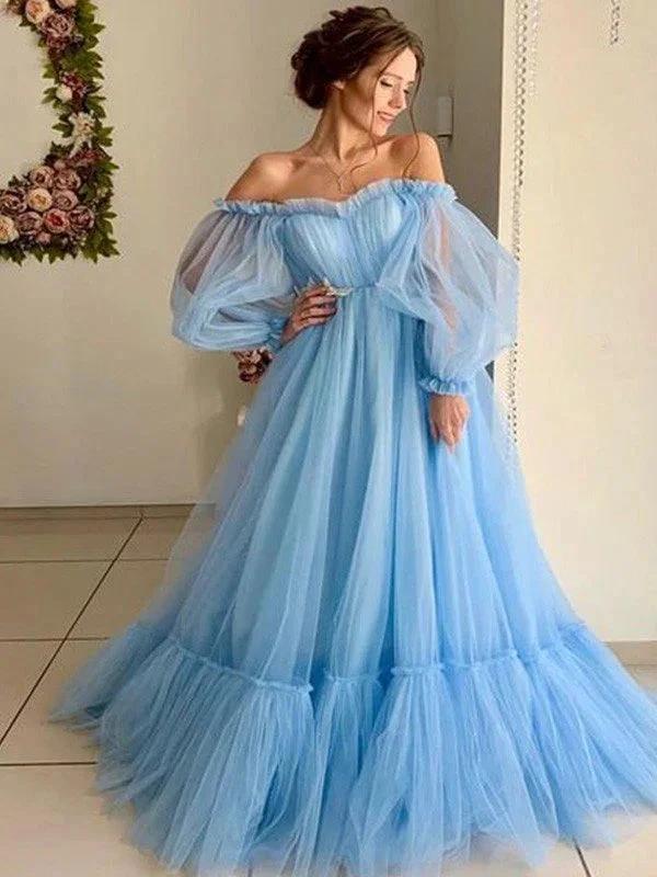 A-Line/Elegant Tulle Applique Off-the-Shoulder Long Sleeves Floor-Length Prom Dresses - Image 2