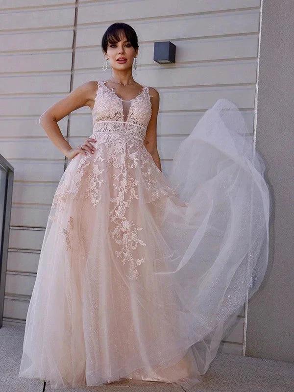 A-Line/Elegant Tulle Applique Scoop Sleeveless Prom Dresses - Image 2