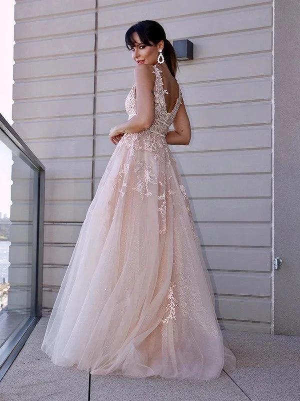 A-Line/Elegant Tulle Applique Scoop Sleeveless Prom Dresses - Image 3