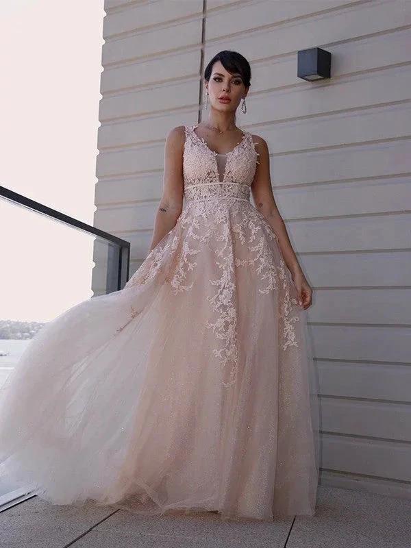 A-Line/Elegant Tulle Applique Scoop Sleeveless Prom Dresses - Image 4
