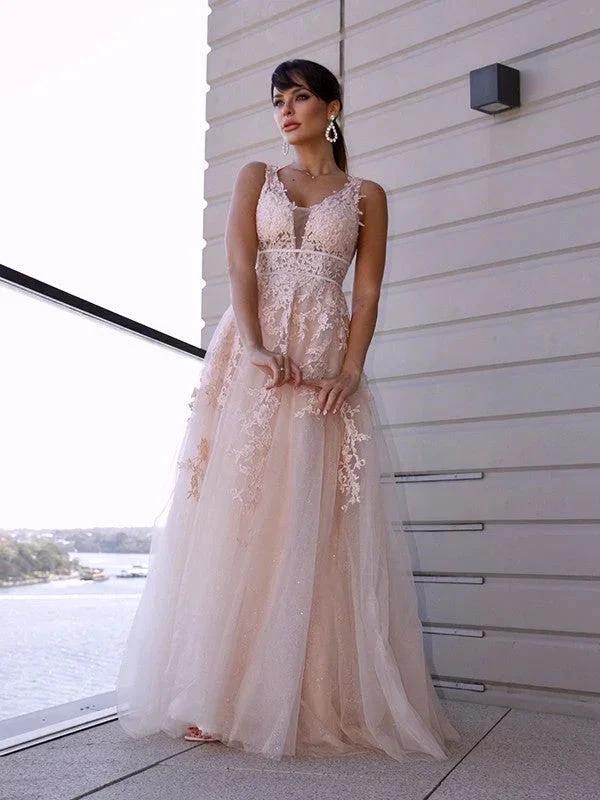 A-Line/Elegant Tulle Applique Scoop Sleeveless Prom Dresses - Image 5