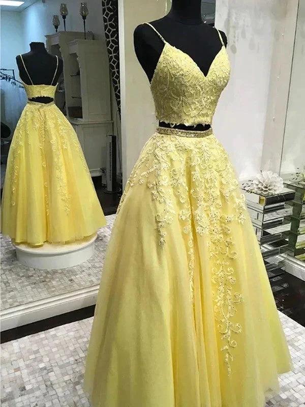 A-Line/Elegant Tulle Applique Sleeveless V-neck Floor-Length Two Piece Prom Dresses - Image 2