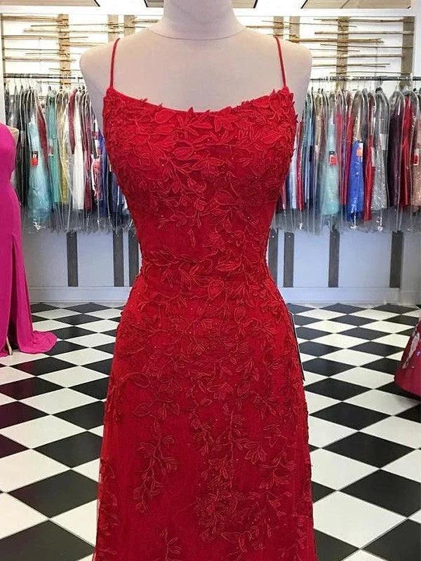 A-Line/Elegant Tulle Applique Spaghetti Straps Sleeveless Prom Dresses - Image 2