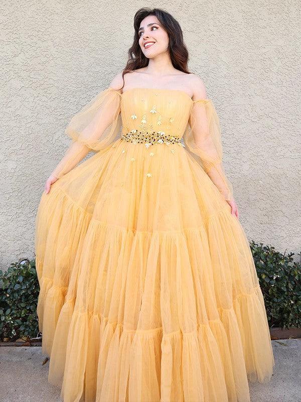 A-Line/Elegant Tulle Beading Off-the-Shoulder Long Sleeves Floor-Length Prom Dresses - Image 2