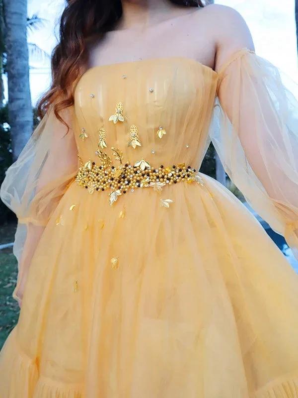 A-Line/Elegant Tulle Beading Off-the-Shoulder Long Sleeves Floor-Length Prom Dresses - Image 3