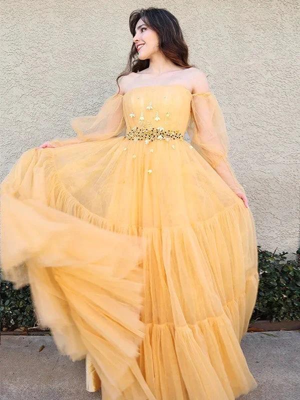 A-Line/Elegant Tulle Beading Off-the-Shoulder Long Sleeves Floor-Length Prom Dresses - Image 4