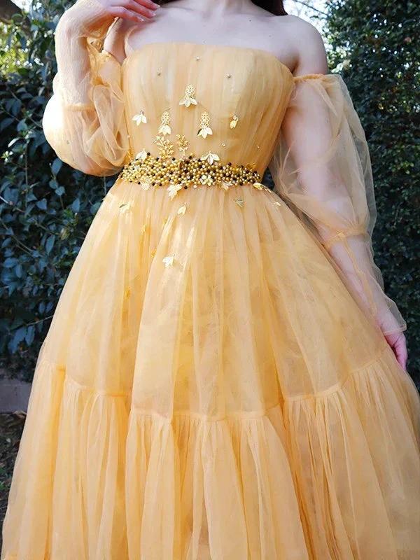 A-Line/Elegant Tulle Beading Off-the-Shoulder Long Sleeves Floor-Length Prom Dresses - Image 5