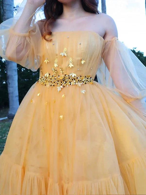 A-Line/Elegant Tulle Beading Off-the-Shoulder Long Sleeves Floor-Length Prom Dresses - Image 6