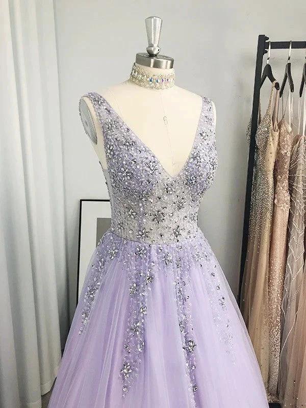 A-Line/Elegant Tulle Beading V-neck Sleeveless Floor-Length Prom Dresses - Image 2