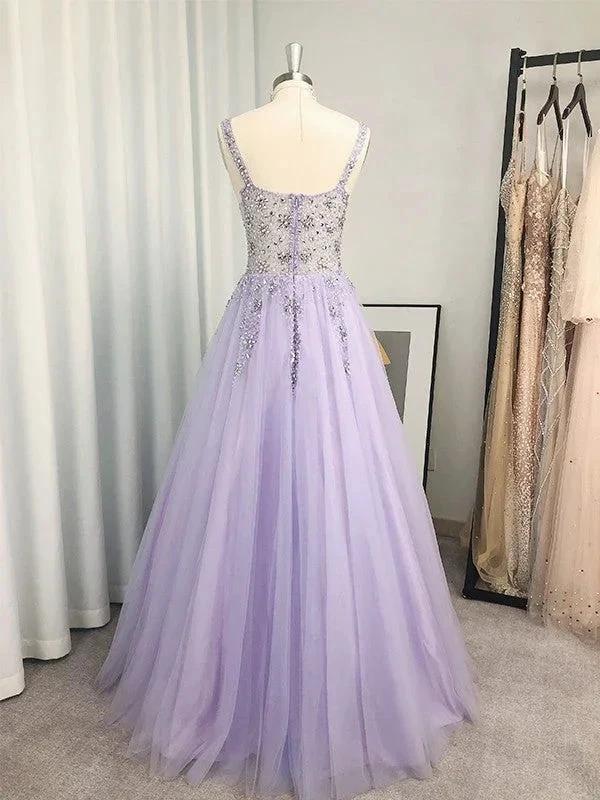 A-Line/Elegant Tulle Beading V-neck Sleeveless Floor-Length Prom Dresses - Image 3