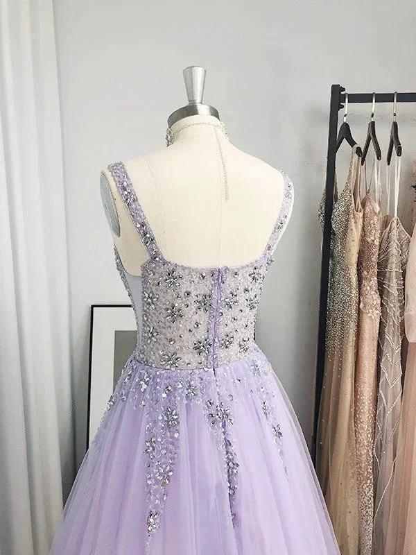 A-Line/Elegant Tulle Beading V-neck Sleeveless Floor-Length Prom Dresses - Image 4