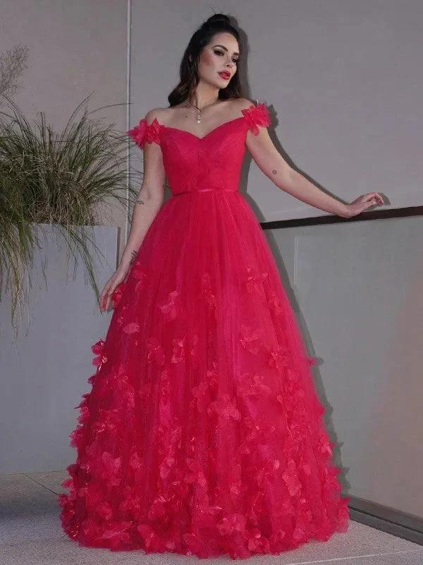 A-Line/Elegant Tulle Hand-Made Flower Off-the-Shoulder Sleeveless Floor-Length Prom Dresses - Image 2