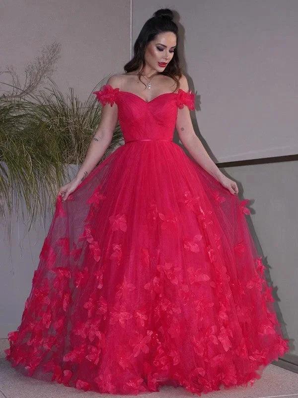 A-Line/Elegant Tulle Hand-Made Flower Off-the-Shoulder Sleeveless Floor-Length Prom Dresses - Image 3