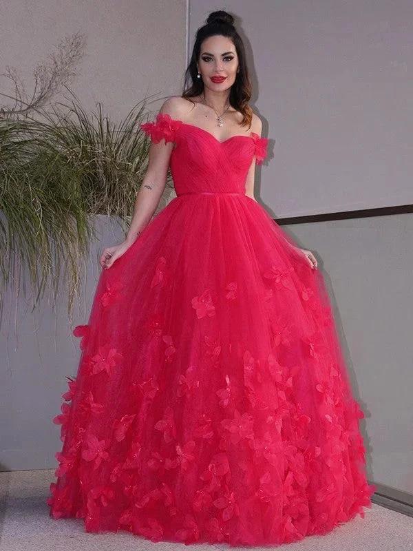 A-Line/Elegant Tulle Hand-Made Flower Off-the-Shoulder Sleeveless Floor-Length Prom Dresses - Image 4