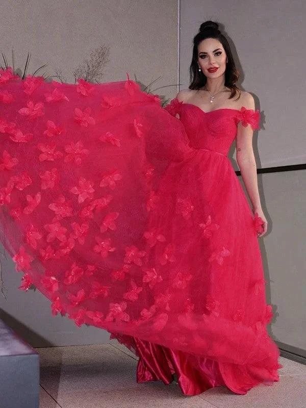 A-Line/Elegant Tulle Hand-Made Flower Off-the-Shoulder Sleeveless Floor-Length Prom Dresses - Image 5