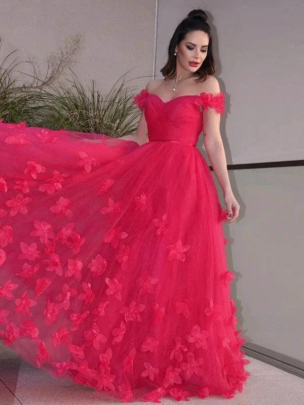 A-Line/Elegant Tulle Hand-Made Flower Off-the-Shoulder Sleeveless Floor-Length Prom Dresses - Image 6