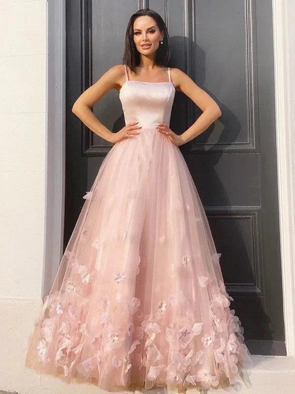 A-Line/Elegant Tulle Hand-Made Flower Straps Floor-Length Sleeveless Prom Dresses - Image 2