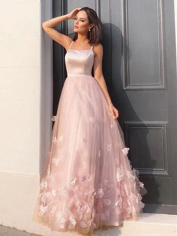 A-Line/Elegant Tulle Hand-Made Flower Straps Floor-Length Sleeveless Prom Dresses - Image 3