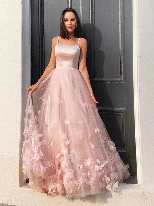 A-Line/Elegant Tulle Hand-Made Flower Straps Floor-Length Sleeveless Prom Dresses - Image 4