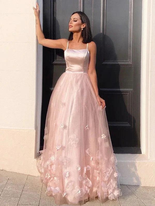 A-Line/Elegant Tulle Hand-Made Flower Straps Floor-Length Sleeveless Prom Dresses - Image 5